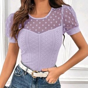 Lilac Purple Mesh Puff Sleeve Tee Size Medium